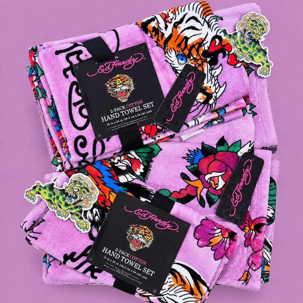 Ed Hardy Purple Bath Towel 5 Piece Set, 100% Cotton 3 Bath Towels 2Hand Towels
